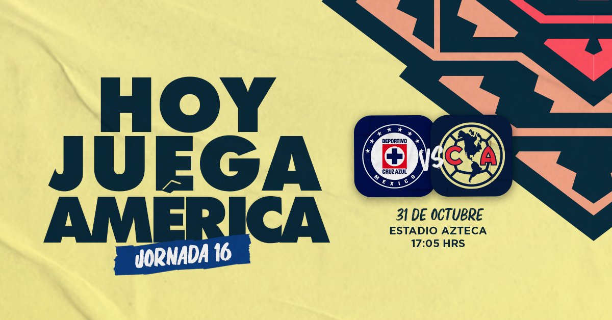 ClubAmerica's tweet photo. #HoyJuegaElAme 🦅

Cruz Azul vs América
#ClásicoJoven, Jornada 1️⃣6️⃣
🕔 | 17:05 hrs
🏟 | Estadio Azteca
📺 | TUDN

#SiempreÁguilas 💛💙 https://t.co/71qgZwhjCP