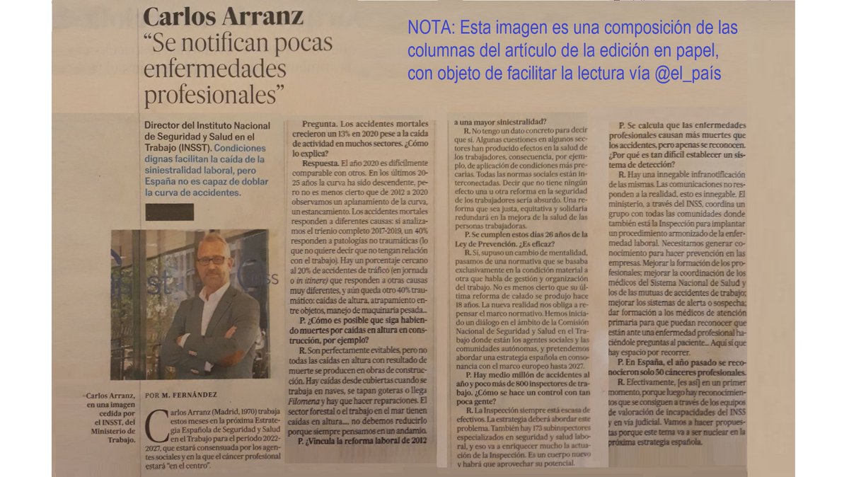 "Se notifican pocas enfermedades profesionales" entrevista a Carlos Arranz, Director del @5OAñosINSST, realizada por María Fernández e incluida dentro del artículo:
"Cuando la muerte espera a pie de obra" elpais.com/economia/negoc… a través de <a href="/el_pais/">EL PAÍS</a>