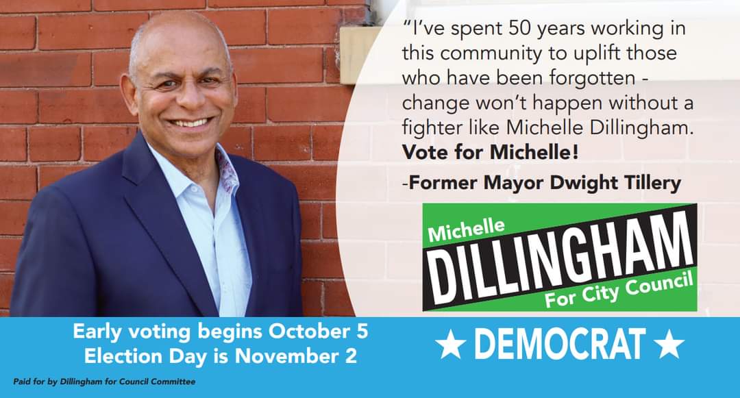 MichelleDunn513's tweet photo. Morning gratitude - Friends and supporters pouring in their encouragement as I near the final days leading up to Election Day for our Queen City. 'Pray for the Dead, Fight like Hell for the Living.' Thank you fmr. Mayor Dwight Tillery. #VoteDillingham today Sunday 1pm-5pm, BOE! https://t.co/f9udYs9V3S
