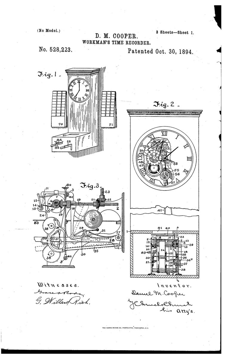 AdamMossoff's tweet photo. ICYMI on October 30 in #innovation history: Daniel Cooper receives a #patent in 1894 for his #invention of a mechanized clock to accurately and efficiently record employee work hours #PunchingTheClock #9to5 #PatentsMatter @uspto https://t.co/kua9NTzdQl