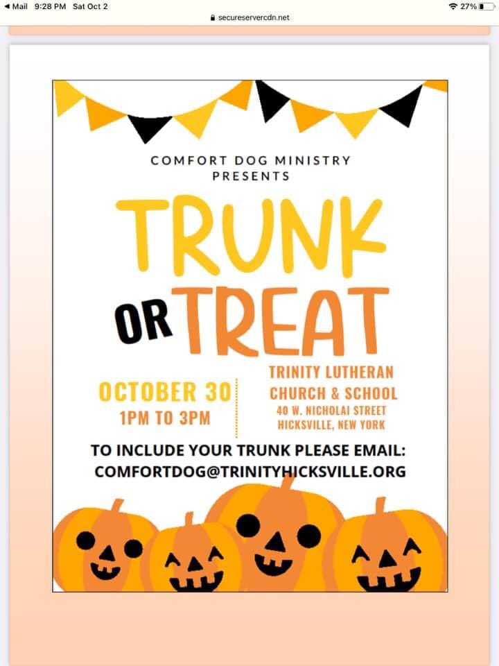 LCCK9Abraham's tweet photo. Trunk or Treat today in Trinity Lutheran Church Hicksville parking lot. https://t.co/TEDuBDX0pB
