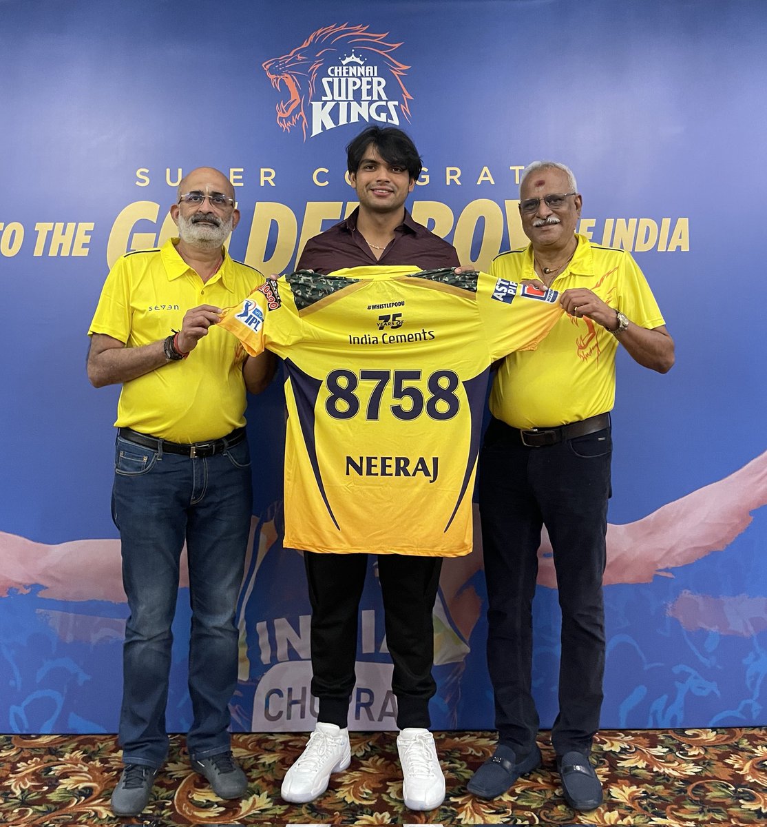 Chennai Super Kings rewarded 1 crore for Olympic Gold Medal winner Neeraj Chopra and a special jersey with number 8758. (87.58 - medal winning effort in Tokyo 2020)