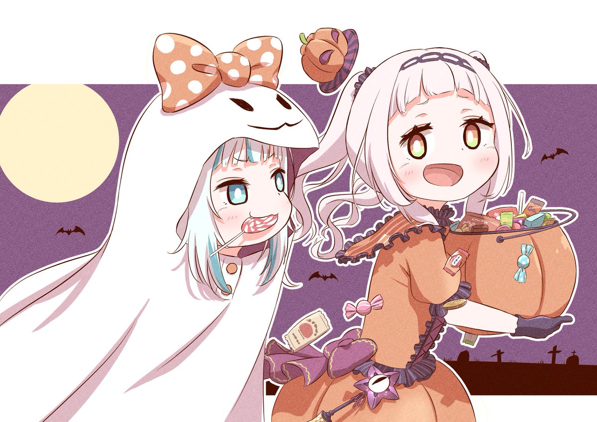 gawr gura ,murasaki shion multiple girls 2girls candy food halloween ghost costume halloween bucket  illustration images