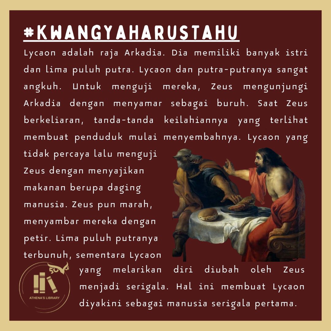 libraryofathena's tweet photo. Demigods, tahukah kamu ternyata kisah werewolf juga ada dalam mitologi yunani? Kira-kira kisahnya seperti apa ya?π¨πΊ
Yuk cari tahu di #KwangyaHarusTahu sore ini! πΎπ
#FunFactLibthen
#HalloweenInKwangya
#WeFearNothingButMom https://t.co/S1j8uL2RFd