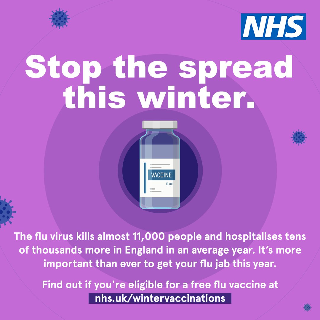 nhsuhcw's tweet photo. The flu virus kills almost 11,000 people and hospitalises tens of thousands more in England in an average year. It’s more important than ever to get your flu jab this year.

Find out if you’re eligible for a free flu vaccine at https://t.co/i6BWvQVpJk https://t.co/Tm0FC3FpBP