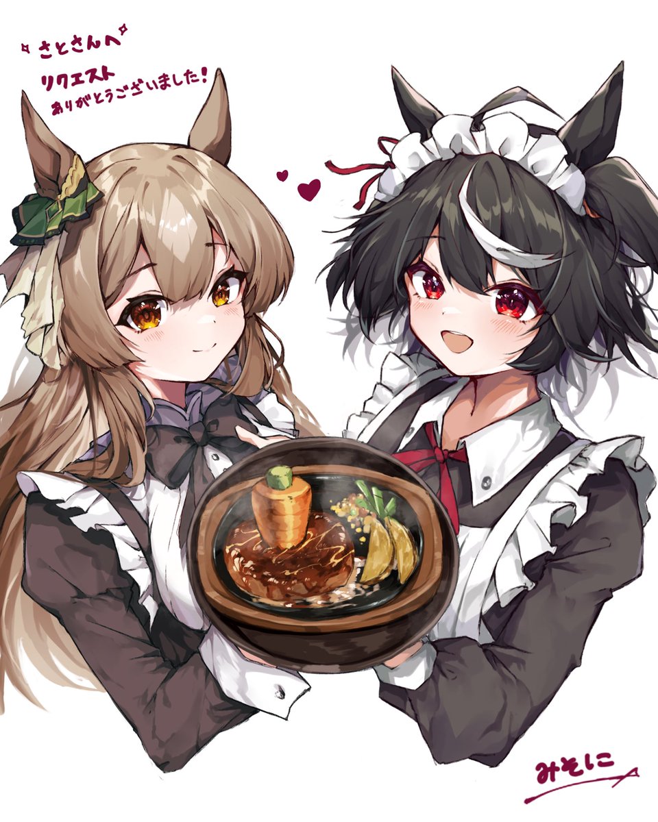 kitasan black (umamusume) ,satono diamond (umamusume) multiple girls 2girls animal ears horse ears brown hair red eyes smile  illustration images