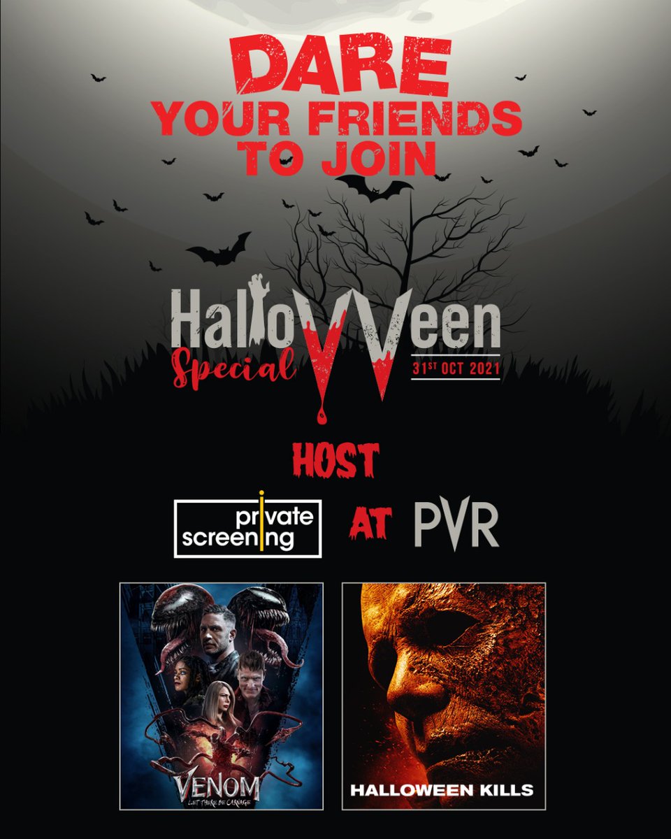 _PVRCinemas's tweet photo. Make this Halloween a special one! 

Book Halloween Special Private Screenings at PVR NOW! 
Visit the PVR App or Website.

#pvr #pvrcinemas #halloweenspecial #privatescreening #pvrprivatescreening #venomlettherebecarnage #halloweenkills #mumbai #delhi #halloweennights #movie https://t.co/1511QPSFCZ