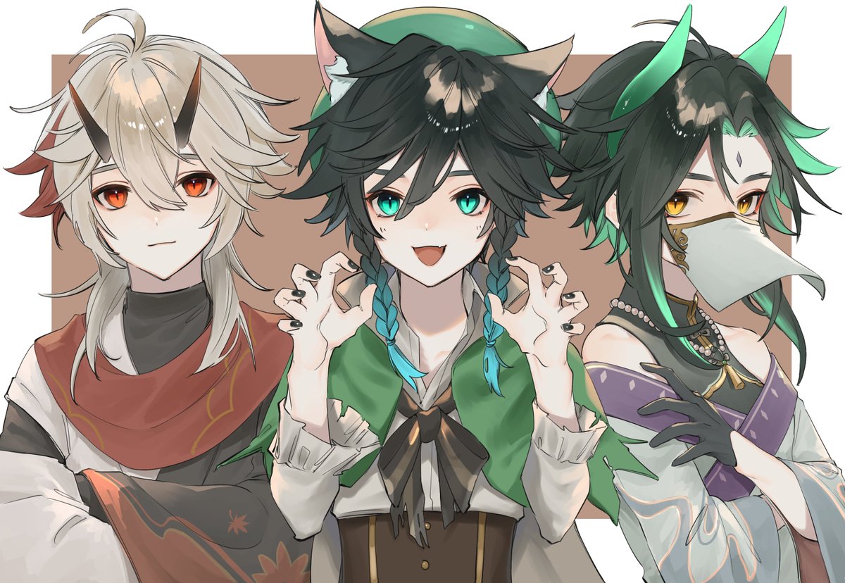 kaedehara kazuha ,venti (genshin impact) ,xiao (genshin impact) 3boys horns crossed arms multiple boys male focus black hair red eyes  illustration images