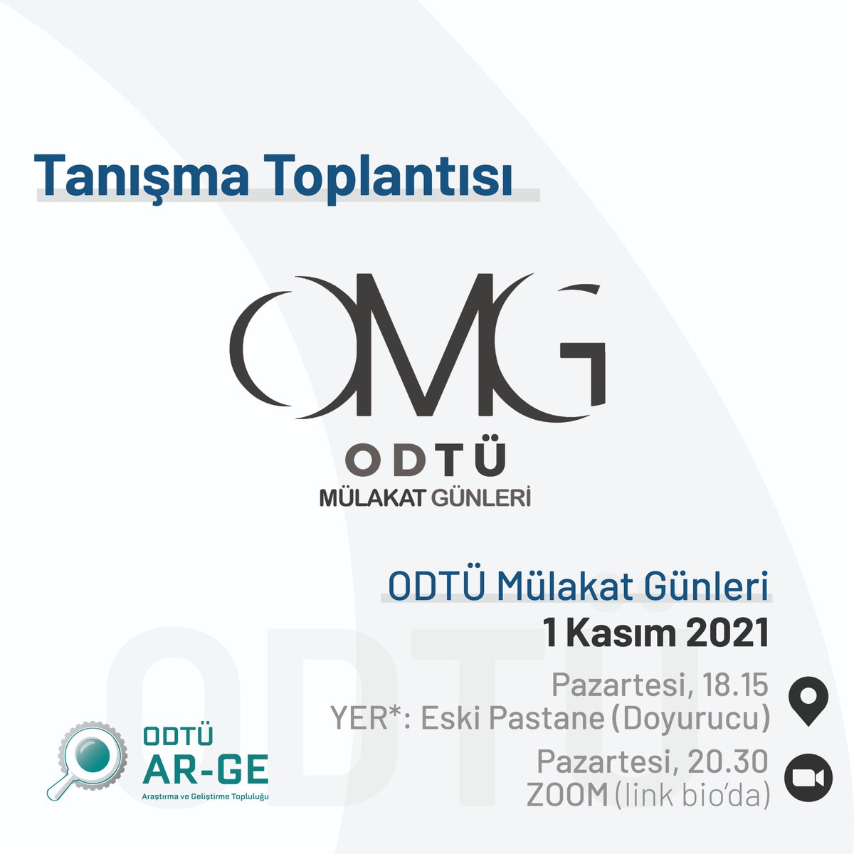 OMG ekibine katılarak bu dev mülakat etkinliğinin bir parçası olmak, kendini geliştirmek ve unutulmaz deneyimler kazanmak istiyorsan seni 1 Kasım Pazartesi günü 18.15’te Eski Pastane’de (Doyurucu) ardından da online olarak 20.30’da gerçekleşecek tanışma toplantımıza bekliyoruz!🤍
