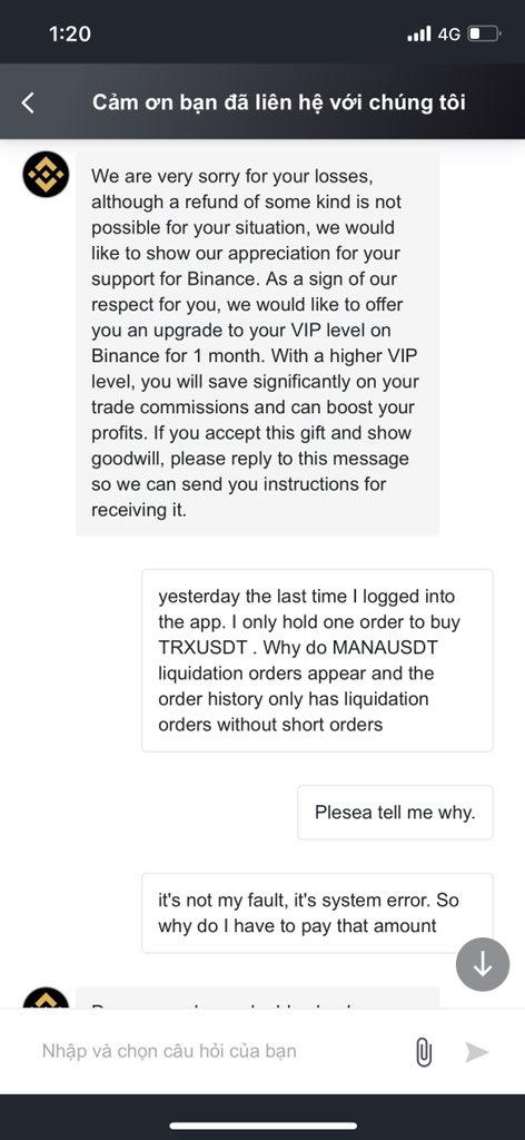 NguyenT99188296's tweet photo. @justinsuntron binance business irresponsible, system error automatically creates liquidation order manausdt , now refuses to return money to customers.  Failing to give command history only comforts users by upgrading to VIP without paying. https://t.co/Ju2YYlZBp2