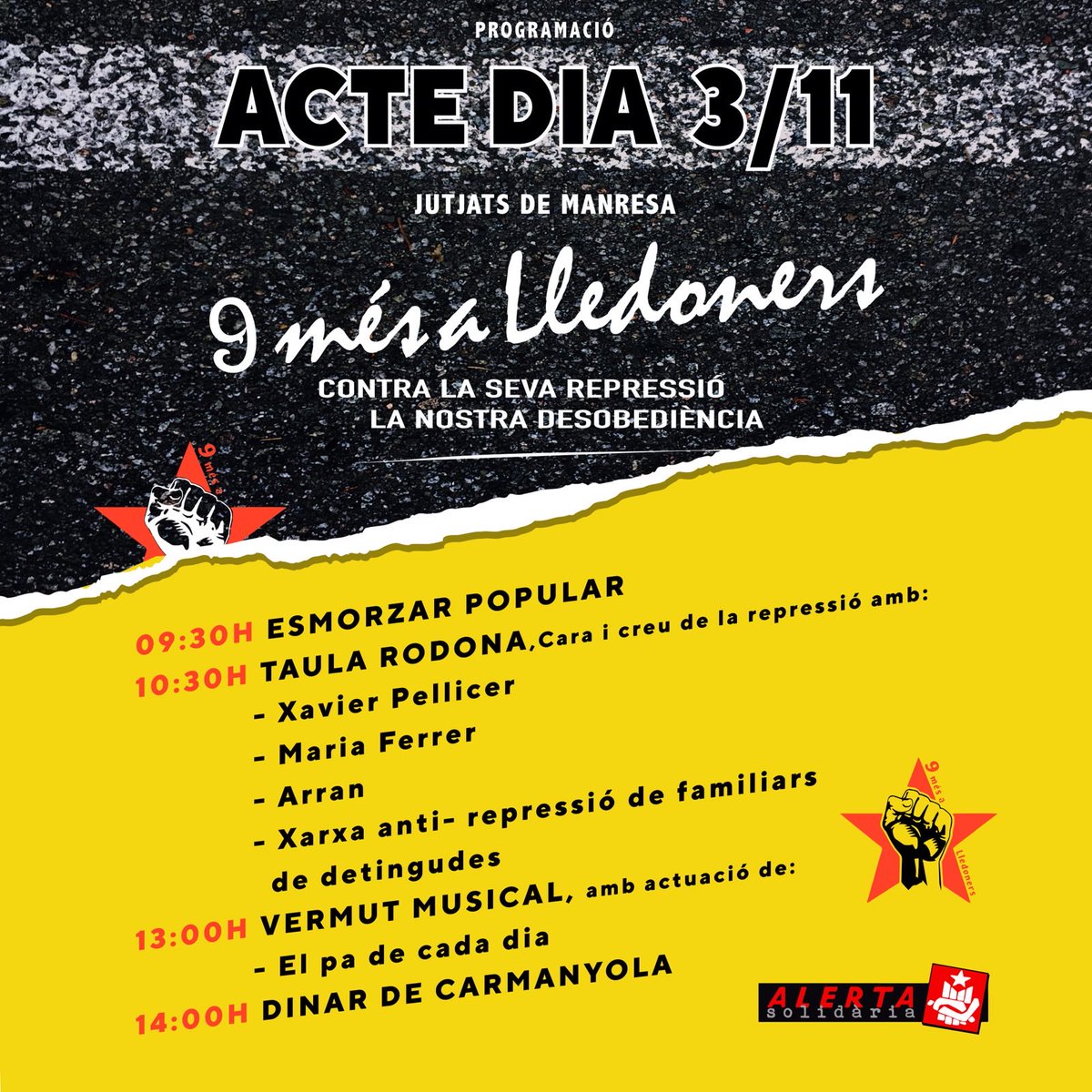 Els dies 2 i 3 de novembre serem amb les companyes de <a href="/NouLledoners/">9+aLledoners</a> a #Manresa per exigir la seva absolució. Contra la seva injustícia, la nostra solidaritat! No hi falteu! Perquè #JoTambéHiEra!
