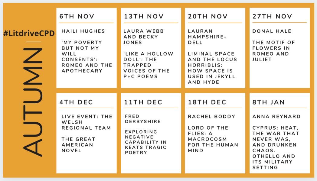 LitdriveUK's tweet photo. Excited to share our stunning NEW #LitdriveCPD autumn schedule, on a variety of texts. Get these dates in your diary. Link shared every Saturday at 10am! #litdrive 🤩🤩 https://t.co/bgVSYNLrnF