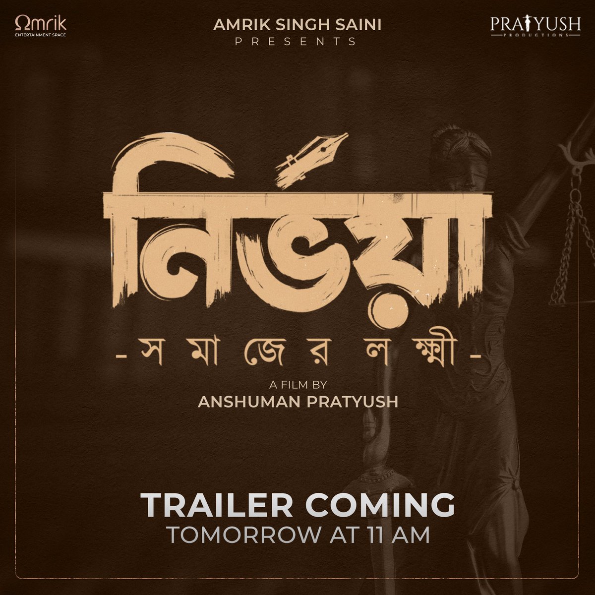 THE TRIAL BEGINS… 🕚

#NirbhayaTrailer coming out tomorrow at 11am. Be a part of Nirbhaya's fight for justice.  

#Nirbhaya #SomaajerLokkhi

#SabyasachiChakrabarty #SantilalMukherjee @SreelekhaSpeaks @PriyankaSarkarB @C_Gaurav #HiyaDey @amrik_EntSpace
@a_pratyush