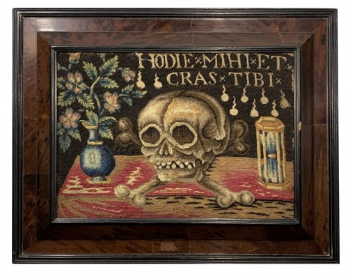 IsabellaRosner's tweet photo. Happy Halloween! I'm celebrating with my favourite pieces of historic memento mori needlework: a 17th-century Dutch needlework picture (with "today for me tomorrow for you" in Latin), a 16th-century glove, and an undated chasuble (maybe 18th century?). Spooky skeletons for all! https://t.co/b2XWhaBnUm