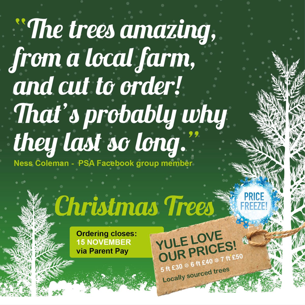 Time is running out!
The countdown is on to secure your PSA Christmas tree this year. Ordering closes on the 15th November!
Visit Parent Pay today. <a href="/RoseberySchool1/">Rosebery School</a> <a href="/RoseberyRadio/">Rosebery Radio</a> <a href="/RoseberyYear7/">Head of Year 7</a>