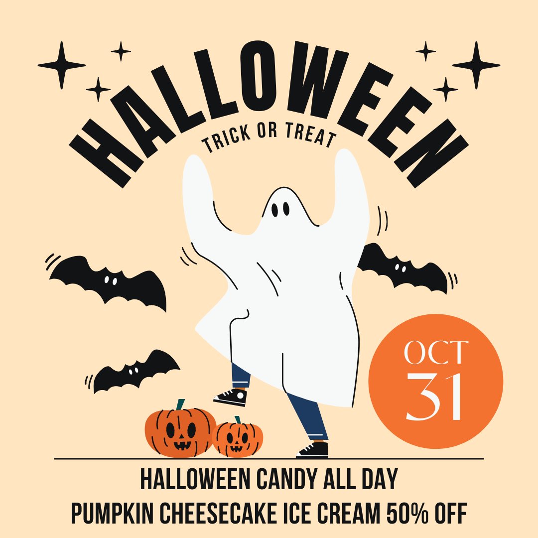KRefreshers's tweet image. Happy Halloween everyone! Be sure to stop by tomorrow for 50% of all pumpkin cheesecake ice cream and free Halloween candy!! Trick-or-treat! 🎃