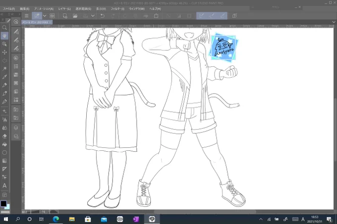 ある程度服のデザインできた。

あとはバランス調整と細かいデザイン描けば線画は完成。 