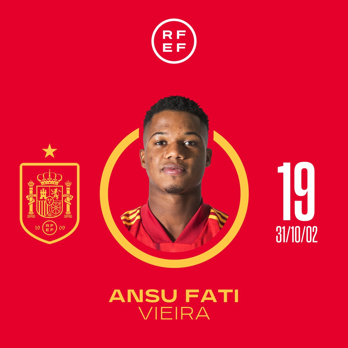 🥳 ¡¡MUCHAS FELICIDADES, <a href="/ANSUFATI/">Ansu Fati</a>!!

El jugador internacional del <a href="/FCBarcelona_es/">FC Barcelona</a> cumple hoy 1️⃣9️⃣ años.

🤗 Nuestros mejores deseos para goleador más joven de la historia de la @SeFutbol.

🎂 ¡¡Disfruta mucho de tu día!!