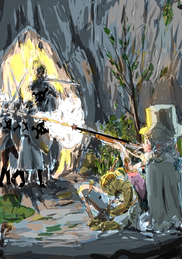 ハロウィンなので骸骨剣士と戦ううちの仔を描きました