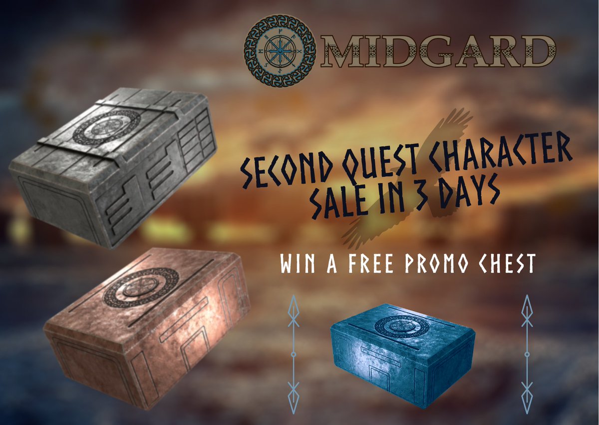 Countdown is keep going!
3 days until our SECOND QUEST CHARACTER SALE!

⚡️5 Promo Character Chests Giveaway!⚡️

👇To get this prize you need to:
✔️FOLLOW <a href="/midgardnft/">Midgard Clash</a>
✔️LIKE AND RETWEET
✔️TAG 3 FRIENDS AND DROP YOUR WAX WALLET
#WAXP #WAX  #giveaway #playtoearn #nft #midgardclash