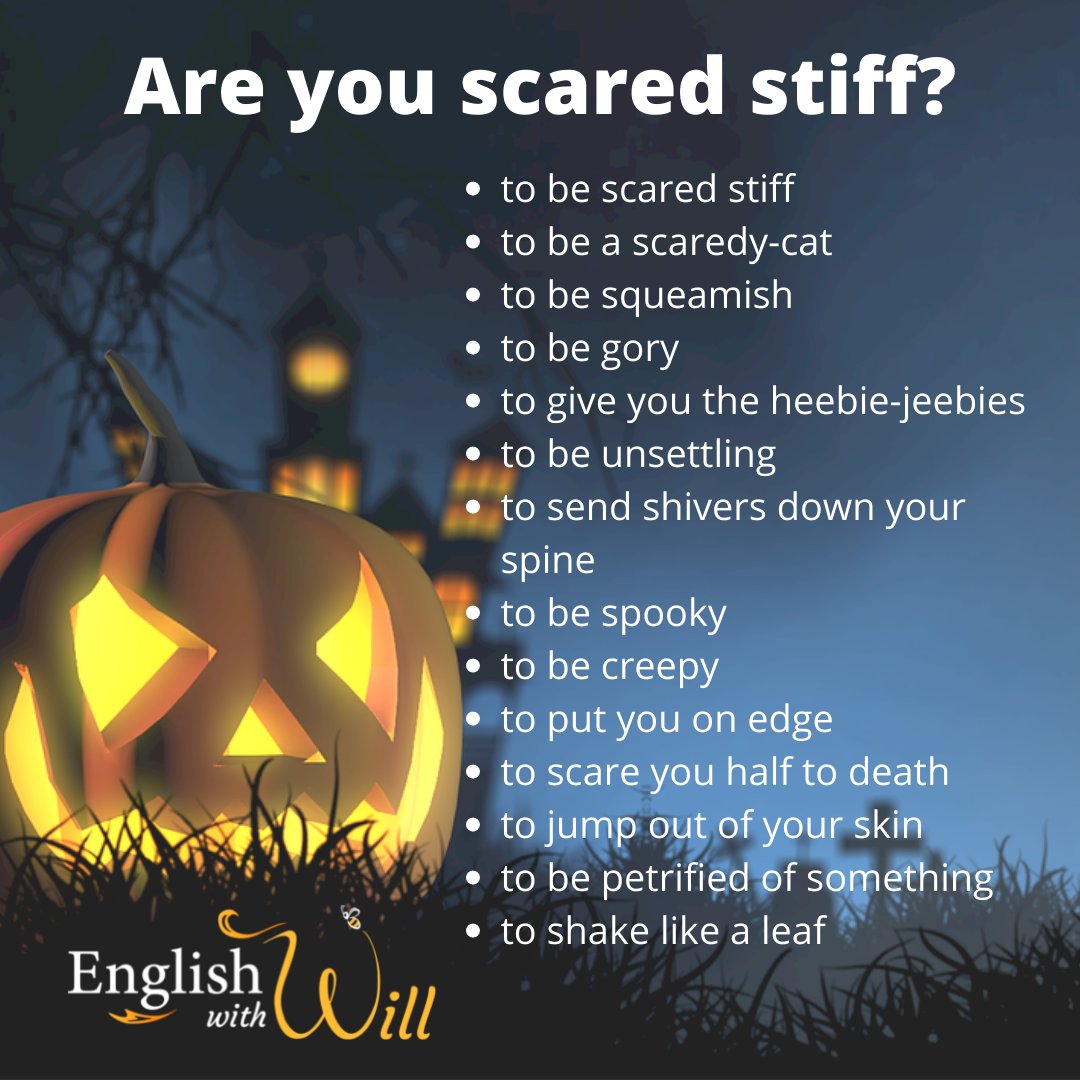 EnglishwithWill's tweet photo. 😱 DON'T BE SCARED! 😱

Scared is boring. Why not try and use some of these other terms to express your fear?

🌍https://t.co/per0TTC8oH🌍

#learnenglish #learnenglishonline #halloween2021  #halloween #aprenderingles #horror #expressions #englishteacher #englishvocabulary https://t.co/Mm7RwiuATJ