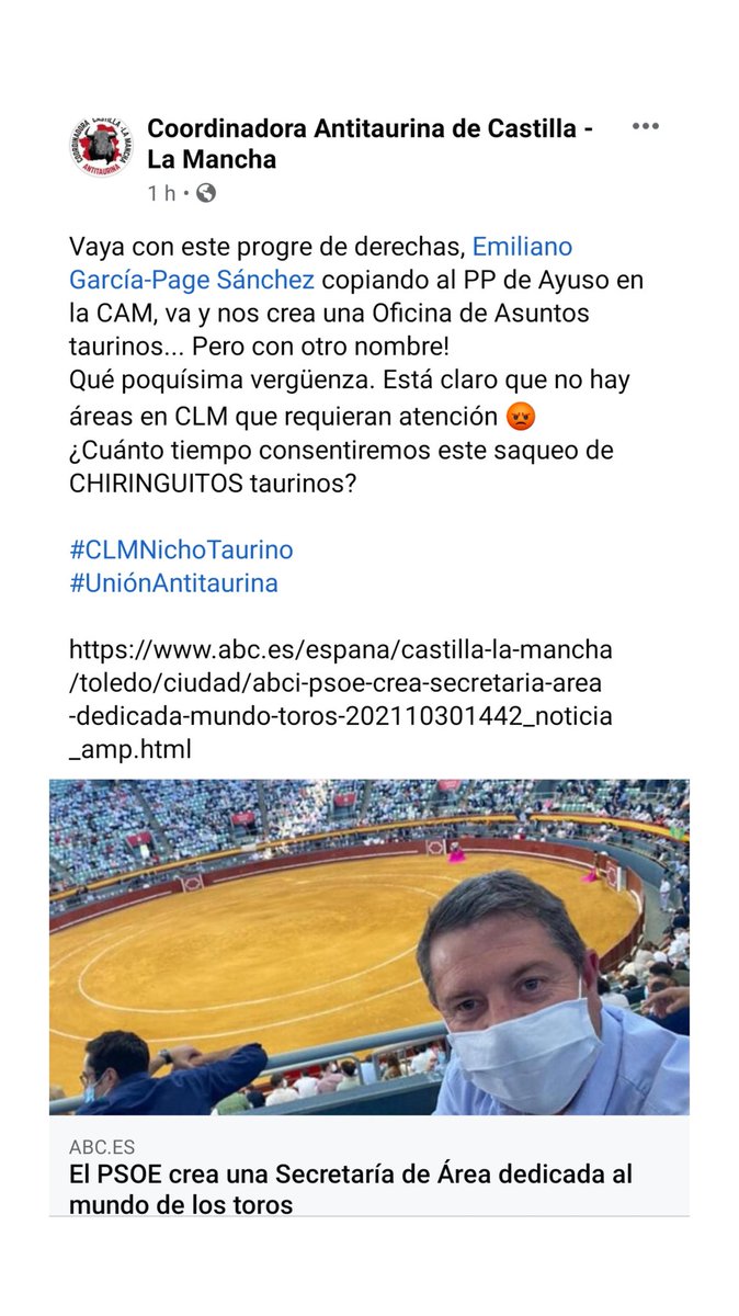 GuAntitaurina's tweet photo. Pues @garciapage dobla la apuesta y además de mantener todas las subvenciones municipales, autonómicas y diputacionales, fomento y publicidad en tv pública y un sinfín de mimos a este sector en hundido, crea OTRO chiringuitazo que se suma a la lista 😡
#ChiringuitoTaurinoCLM https://t.co/00POjy4c2x