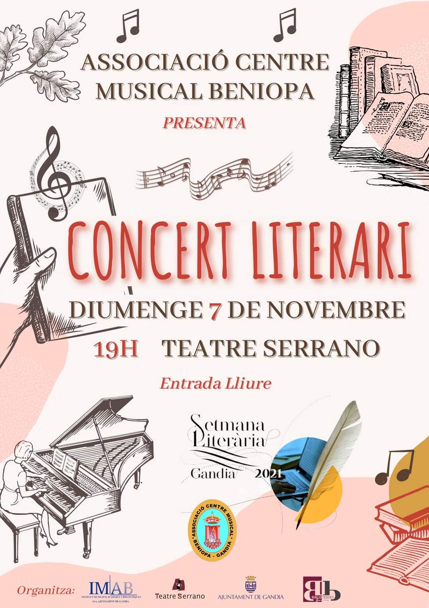 BandaBeniopa's tweet photo. CONCERT LITERARI 📚 🎶

Dins de la #TardorLiterària21 de Gandia celebrarem un concert diumenge 7 de novembre, a les 19:00h, en el @Teatre_Serrano, un concert on s'unixen música i literatura📚

➡L'entrada és lliure. Es portarà mascareta durant tot el concert.

Esteu convidats! https://t.co/gWumu92DCW