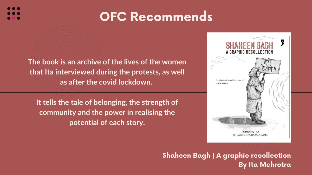 onefuture_india's tweet photo. We're back with #OFCRecommends!
Every #Sunday, we recommend something to our community from books that stayed with us, to podcasts we just can't stop listening to.
This week, Divya would like to recommend Shaheen Bagh | A graphic Recollection by @MehrotraIta
#Recommendations https://t.co/TYubQL3iME