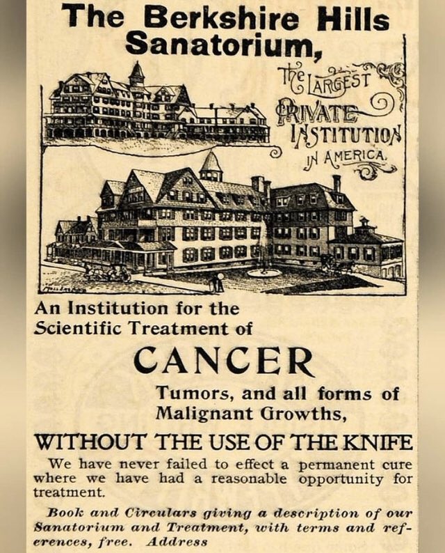 jackiefriman_'s tweet photo. Was cancer curable in the late 1800 and early 1900? 

These are original ads from 1895 to 1902.

Berkshire Hills Sanatorium, (1895) the largest private institution in America located in North Adams, Massachusetts. 

(Cont.) https://t.co/ys2ss4PTyj