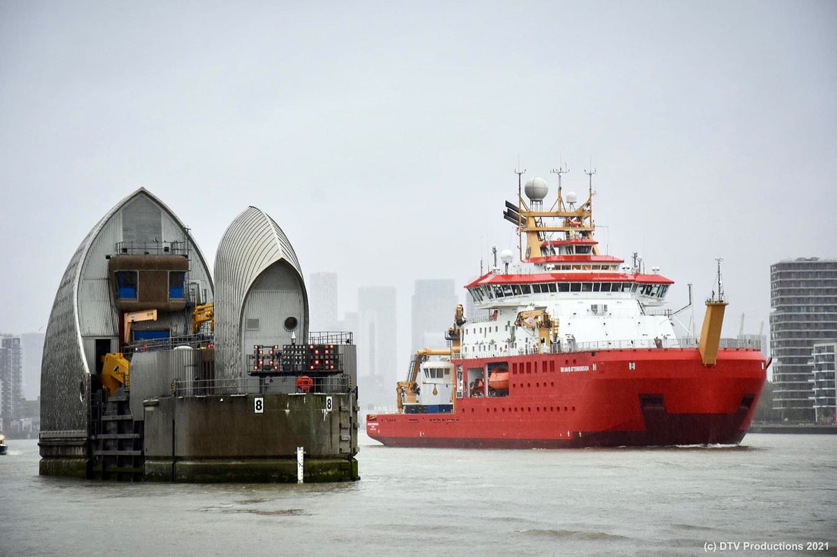 DtvPhotography's tweet photo. RRS Sir David Attenborough Polar Research Ship leaving #London early this morning passing through the Thames Barrier #secretlondon #bbc #itv #channel4 #channel5 https://t.co/CbTp67WAJl