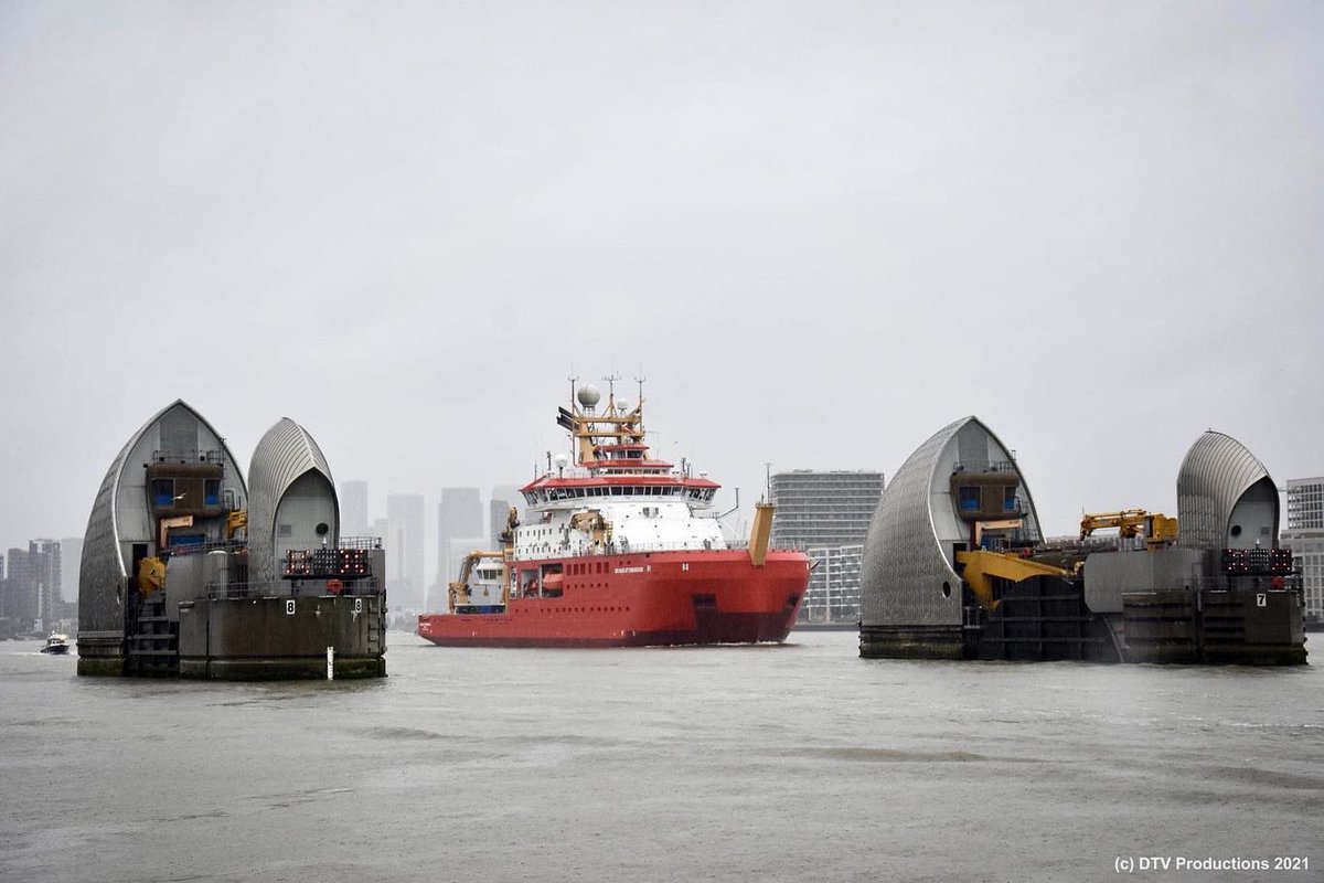 DtvPhotography's tweet photo. RRS Sir David Attenborough Polar Research Ship leaving #London early this morning passing through the Thames Barrier #secretlondon #bbc #itv #channel4 #channel5 https://t.co/CbTp67WAJl