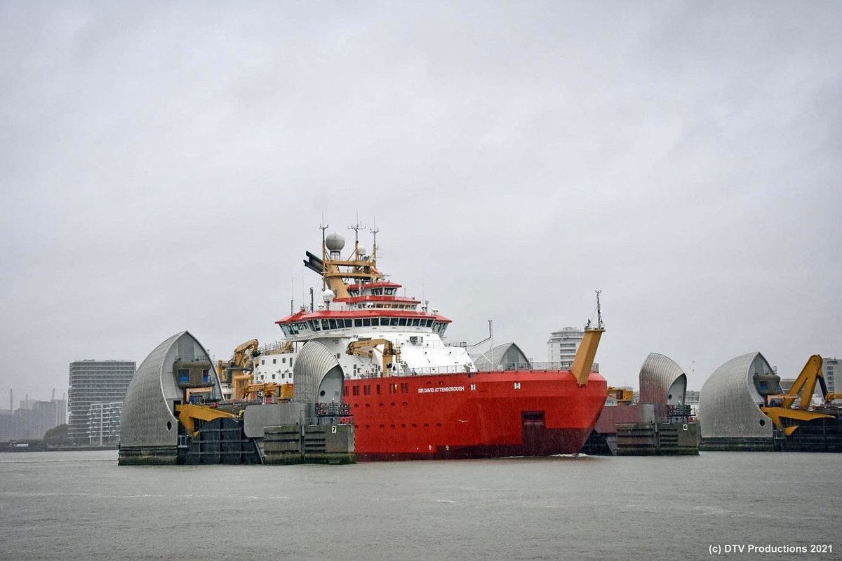 DtvPhotography's tweet photo. RRS Sir David Attenborough Polar Research Ship leaving #London early this morning passing through the Thames Barrier #secretlondon #bbc #itv #channel4 #channel5 https://t.co/CbTp67WAJl