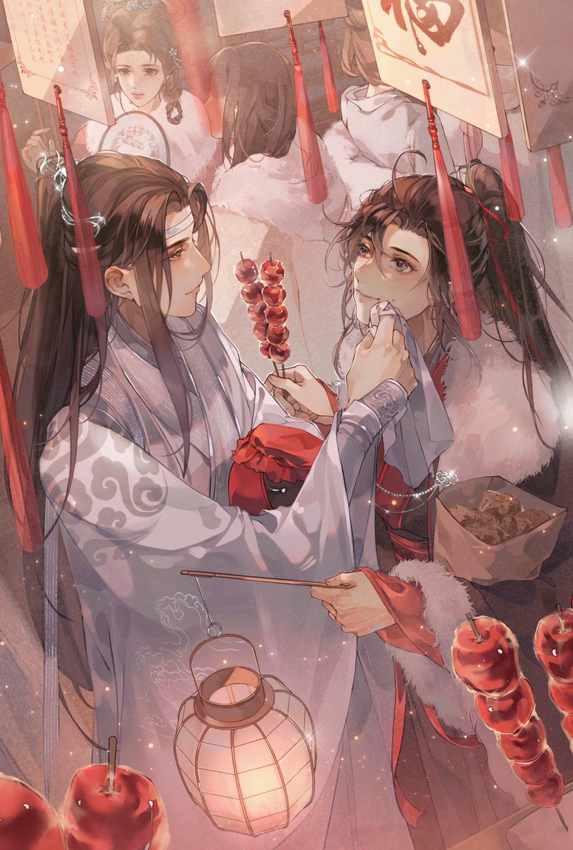 food hanfu chinese clothes long hair white headband holding food multiple boys  illustration images