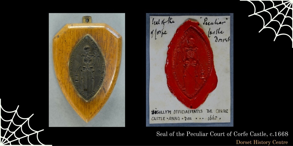 DorsetArchives's tweet photo. Happy #Halloween! Here's a spooky seal of the Corfe Castle Peculiar Court 💀 Wonder why they chose such a spooky design? 🤔

📷 D-BKL/Z/11, part of the #UnlockingBankes archive

#ExploreYourArchive @NTKingstonLacy https://t.co/dBSOHP4GrT