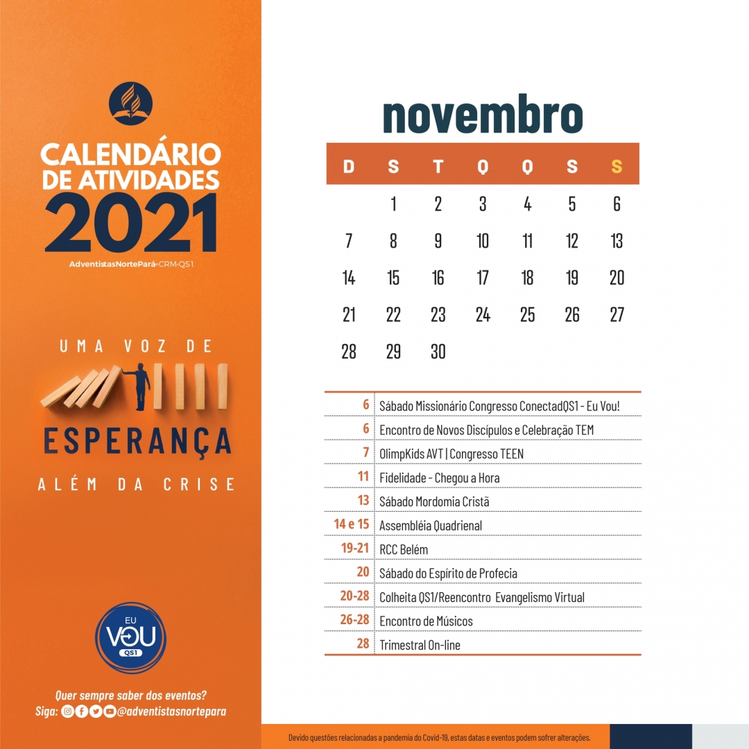 Penúltimo mês, muitas coisas aconteceram, mas até aqui o Senhor tem nos ajudado. Marque alguém para ficar ligado no que vai acontecer. 👇😉

❎Devido questões relacionadas a pandemia do Covid-19, estas datas e eventos podem sofrer alterações.