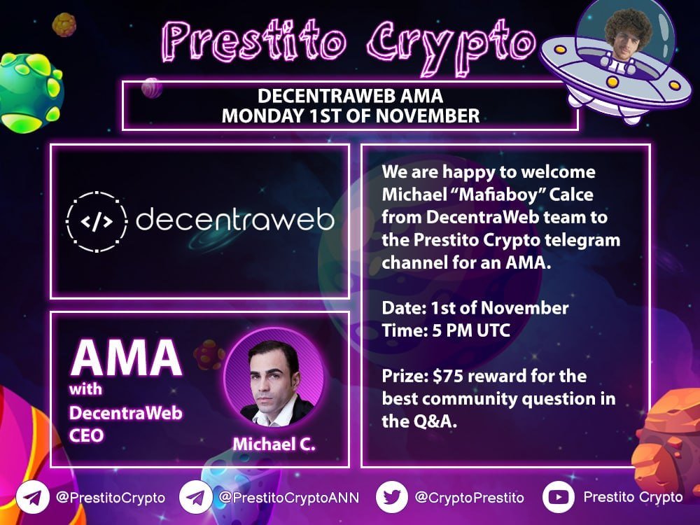 CryptoPrestito's tweet photo. Make sure to tune in to our #AMA with @decentra_web on the 1st of November at 5pm UTC!

Location: https://t.co/GcKlYTAPBP

Prizes: 75$ for best question!

Submit questions here: https://t.co/nPyEaEtg4Z https://t.co/Uo11EKf3ot