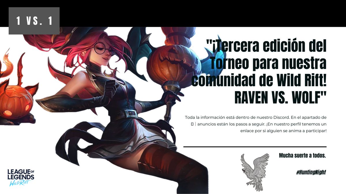 ⚠️  TERCERA EDICIÓN DEL TORNEO 1vs1 ⚠️ 
El domingo 7 de noviembre a las 16:00h se hará un torneo interno para todo aquel que esté en el server y tenga ganas de jugar un 1 vs. 1 en El Abismo de los Lamentos de #WildRift. Más info en la foto 👇👀🔁
#RavenVsWolf #HuntingNight #1vs1