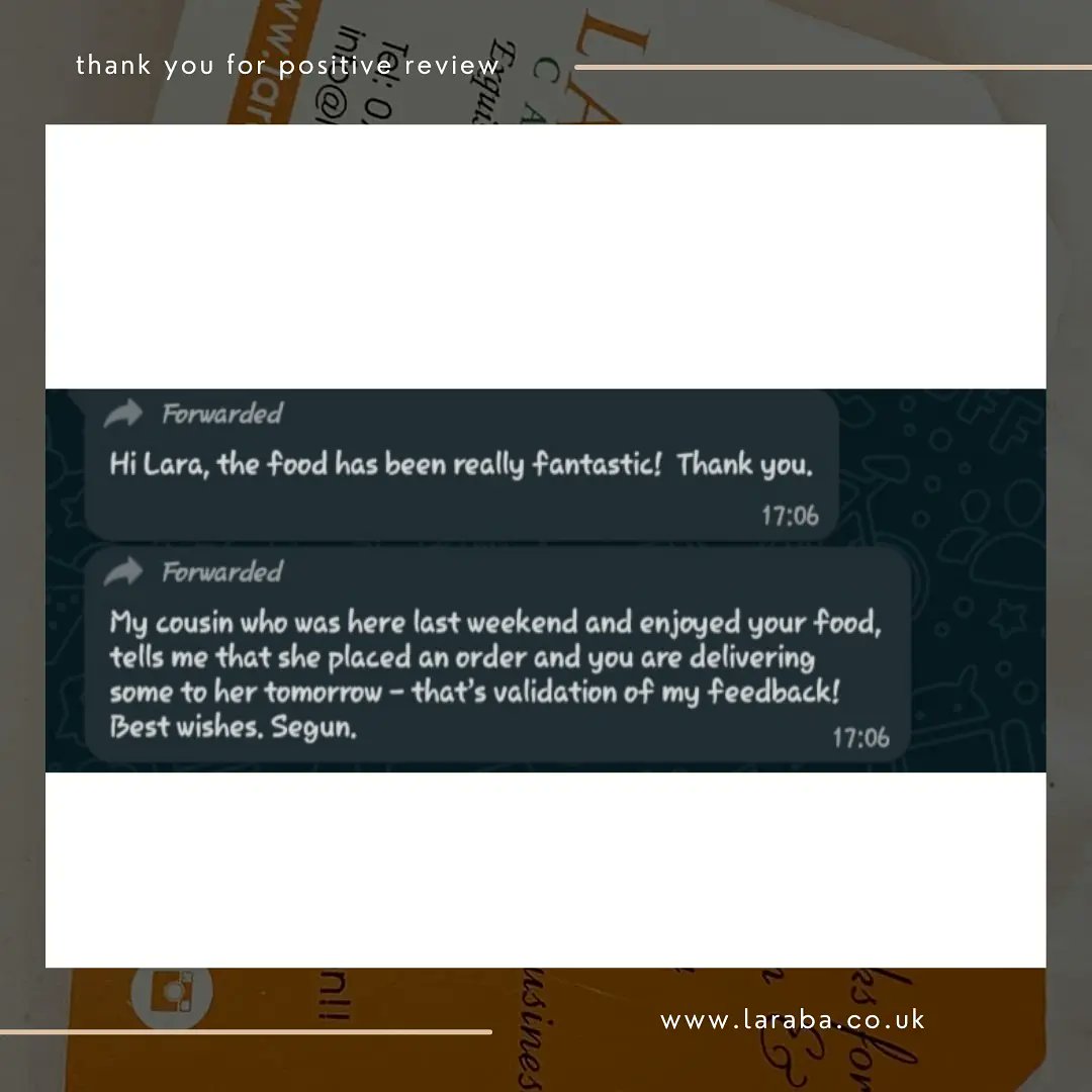 LarabaCatering's tweet photo. Your experience with our service &amp; feedback matter to us from A - Zzz, why settle for anything less than fantastic? 
#larabacatering

 #Review #Feedback #customerserviceweek2021  #nigerianchef #nigeriancaterer  #London https://t.co/aQsw4RxthH