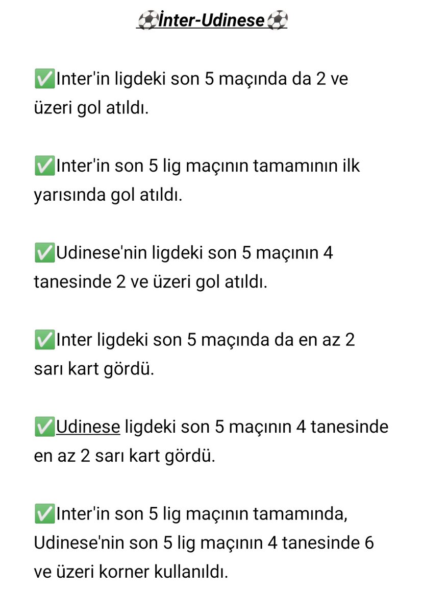 ⚽İnter-Udinese⚽

💥1.5 Gol Üst
💥Kornerler 5.5 Üstü
💥Toplam Kart Puanı 29.5 Üst 

Oran:1.60

Tablo Doluluk Oranı : %93 

Inter'in ligdeki son 5 maçında da bu builder kazandı.

Udinese'nin son 5 maçının 4 tanesinde bu builder kazandı.