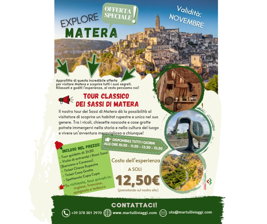 martulliviaggi's tweet photo. 📢 CLASSIC TOUR OF THE SASSI DI MATERA
Our tour of the Sassi of Matera gives the visitor the opportunity to discover a rupestrian and unique habitat of its kind. Among the alleys, hidden churches and cave houses you can immerse yourself in the history and culture of the place… https://t.co/3gHy1fqs4x