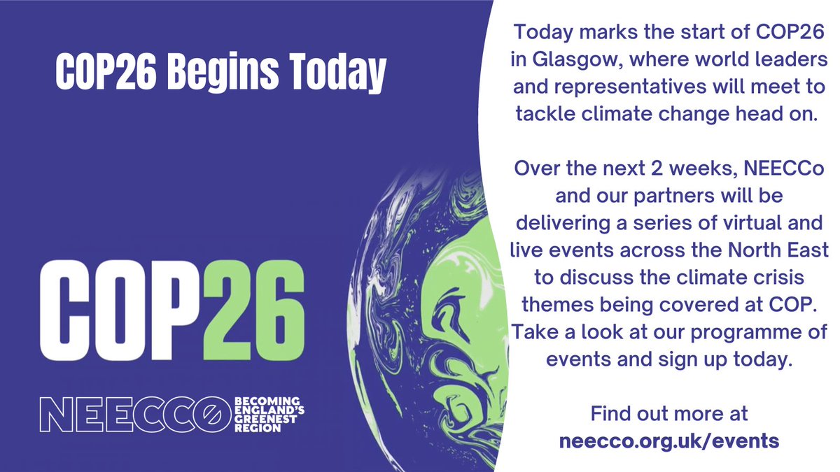 COP26 begins today. Follow all the latest news with NEECCo and join our virtual events over the next 2 weeks where we'll be discussing the topics of #COP26. #TogetherForOurPlanet #BecomingEnglandsGreenestRegion
neecco.org.uk/events/