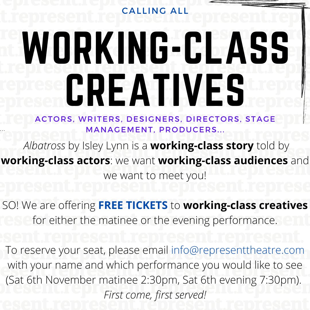 CALLING ALL WORKING-CLASS CREATIVES!
We want to meet you as we are always planning for future seasons. 
Follow the instructions in the image for tkts to #albatross <a href="/PlaygroundW10/">The Playground Theatre</a> THIS SATURDAY!

#represent #workingclasscreatives #representtheatre