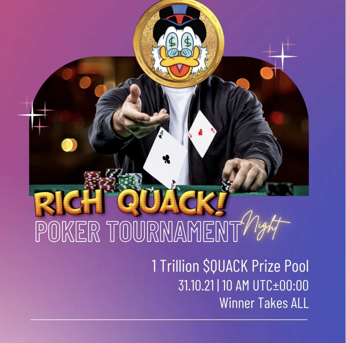 RichQuack's tweet photo. Congrats ultragunnerx for winning 1Trillion $QUACK / $1,000 equivalent on our Poker Tournament! Stay tuned for our next poker tourney #richquack #cryptopoker #cryptocurrency #cryptogiveaway #CryptocurrencyNews https://t.co/vRQVziwIK5