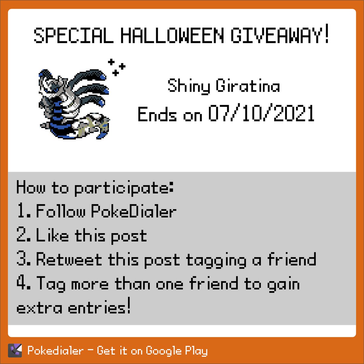 PokeDialer's tweet photo. The spookiest day of the year is here! 👻
Celebrate Halloween with our special themed giveaway! 🔥

Join and try to win a shiny Giratina, trainers!✨
We will choose one winner for both Instagram and Twitter, hurry up and participate!

#pokedialer https://t.co/uyBo2HU1TG