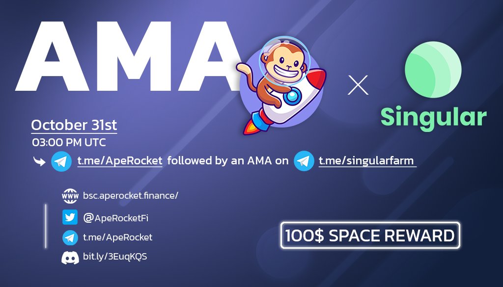 YieldRocket ๐ (@yieldrocket) on Twitter photo ๐คWe are pleased to announce our new partner <a href="/singularfarm/">Singular.Farm</a>!
๐๏ธTo celebrate the event we organize a cross AMA with them
โฑ๏ธTime and Place: 1st session today at 3PM UTC on t.me/singularfarm and 2nd session today at 4PM UTC on t.me/ApeRocket!
๐100$ to be won in SPACE ๐คWe are pleased to announce our new partner <a href="/singularfarm/">Singular.Farm</a>!
๐๏ธTo celebrate the event we organize a cross AMA with them
โฑ๏ธTime and Place: 1st session today at 3PM UTC on t.me/singularfarm and 2nd session today at 4PM UTC on t.me/ApeRocket!
๐100$ to be won in SPACE
