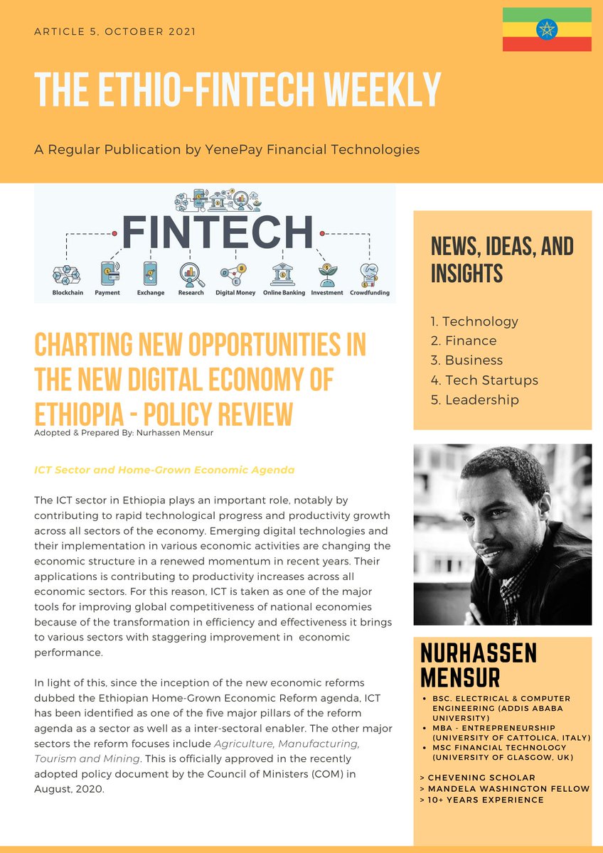 Here is the 5th ETHIO-FINTECH WEEKLY digital publication: 'Charting New Opportunities in the New Digital Economy of Ethiopia - Policy Review'.
linkedin.com/posts/nurhasse…
For more discussion, join the telegram group: lnkd.in/eE6NRbZQ
