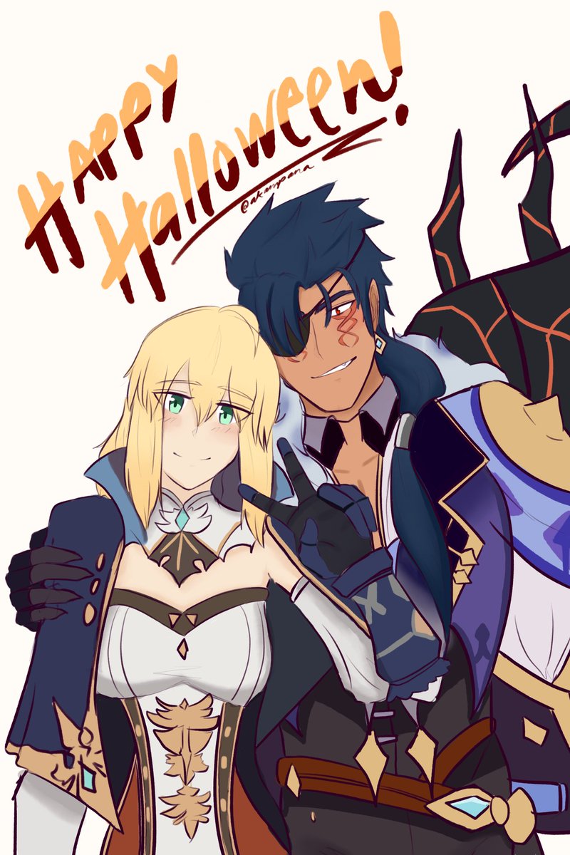 akampana1's tweet photo. Here’s Arturia and Cú Alter wearing Genshin Cosplay for Chaldeas’s #FGOtober Halloween Party!
Happy Halloween! 🎃🎃🎃 https://t.co/1xrwwH5UFW