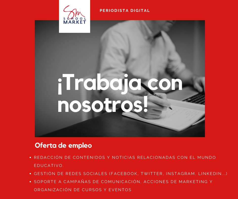 Si eres periodista y te gusta el mundo de la #educación te ofrecemos la posibilidad de incorporarte a nuestro equipo. 
#OfertaEmpleo #Empleo
schoolmarket.es/oferta-empleo-…