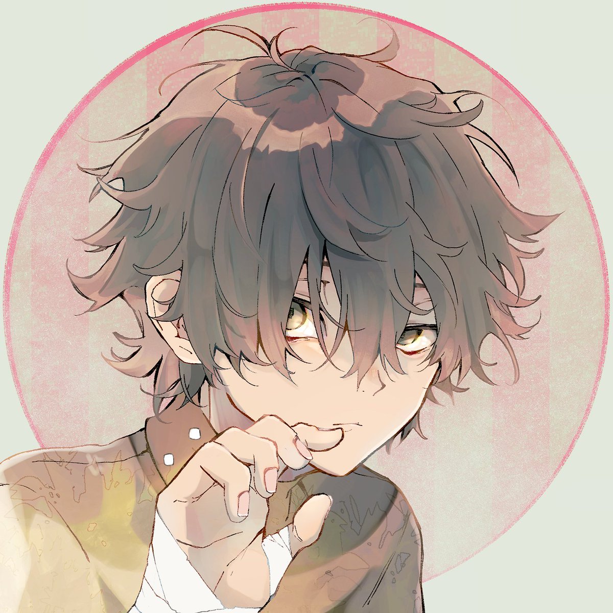 1boy male focus solo bandages messy hair looking at viewer circle  illustration images