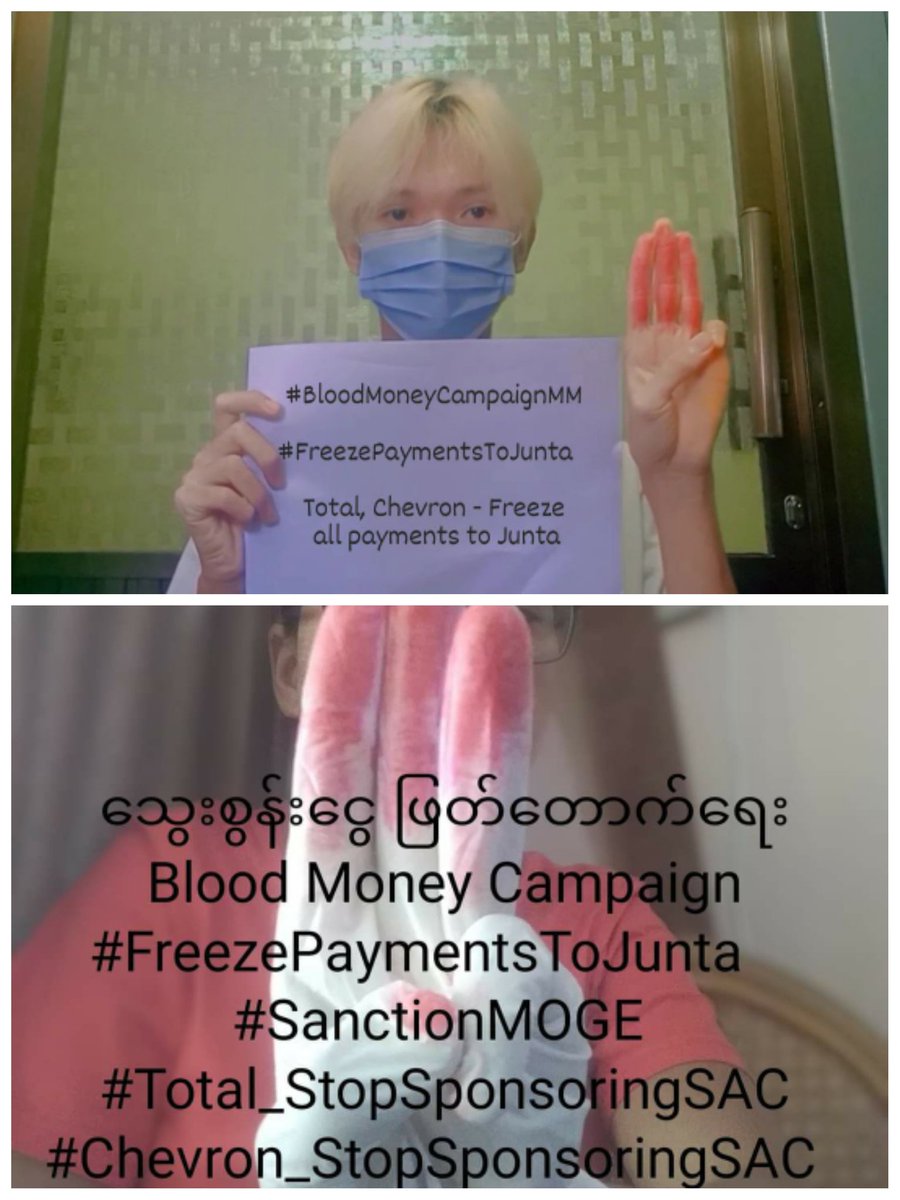 Myanmar People participated the "BloodMoneyCampaign" &amp; demand <a href="/TotalEnergies/">TotalEnergies</a> &amp; <a href="/Chevron/">Chevron</a> to freeze all payments to MOGE until the civilian Government. 

#FreezePaymentsToJunta 
#SanctionMOGE 
#HelpChinState